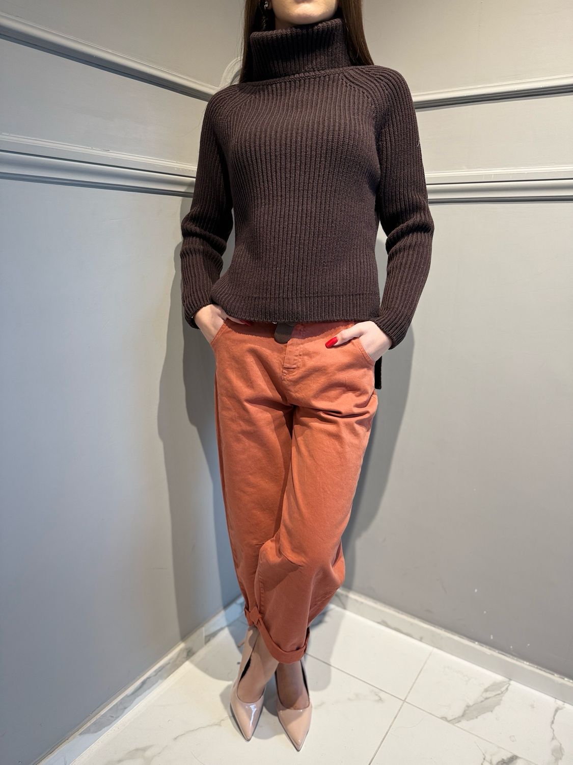 MOTEL - pantalone in fustagno elasticizzato a ovetto PA5047/I25PR terracotta