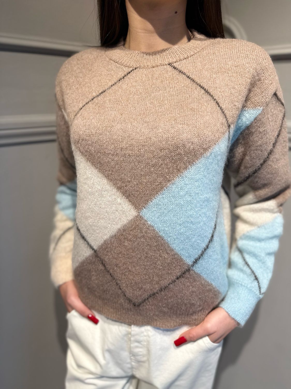 MOTEL - maglia a rombi in mohair girocollo D82028 camel/panna/azzurro