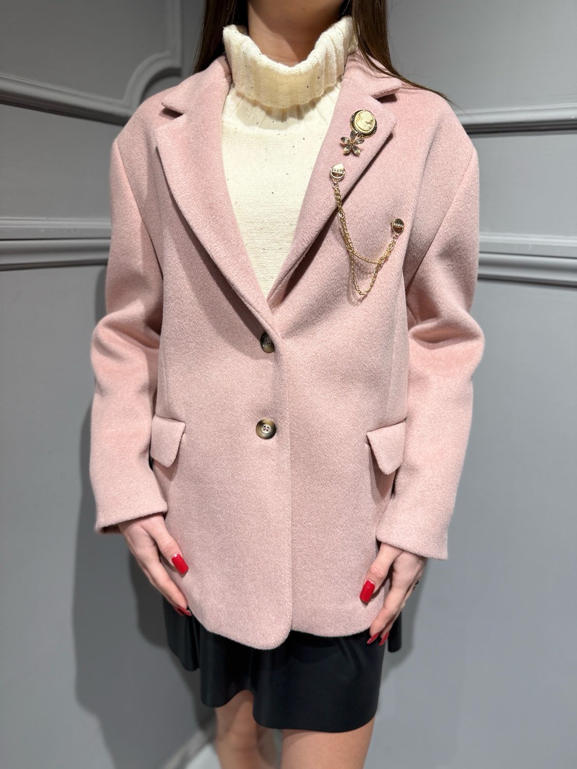 VICOLO - giacca cappotto over un petto con spille TF2012 - rosa