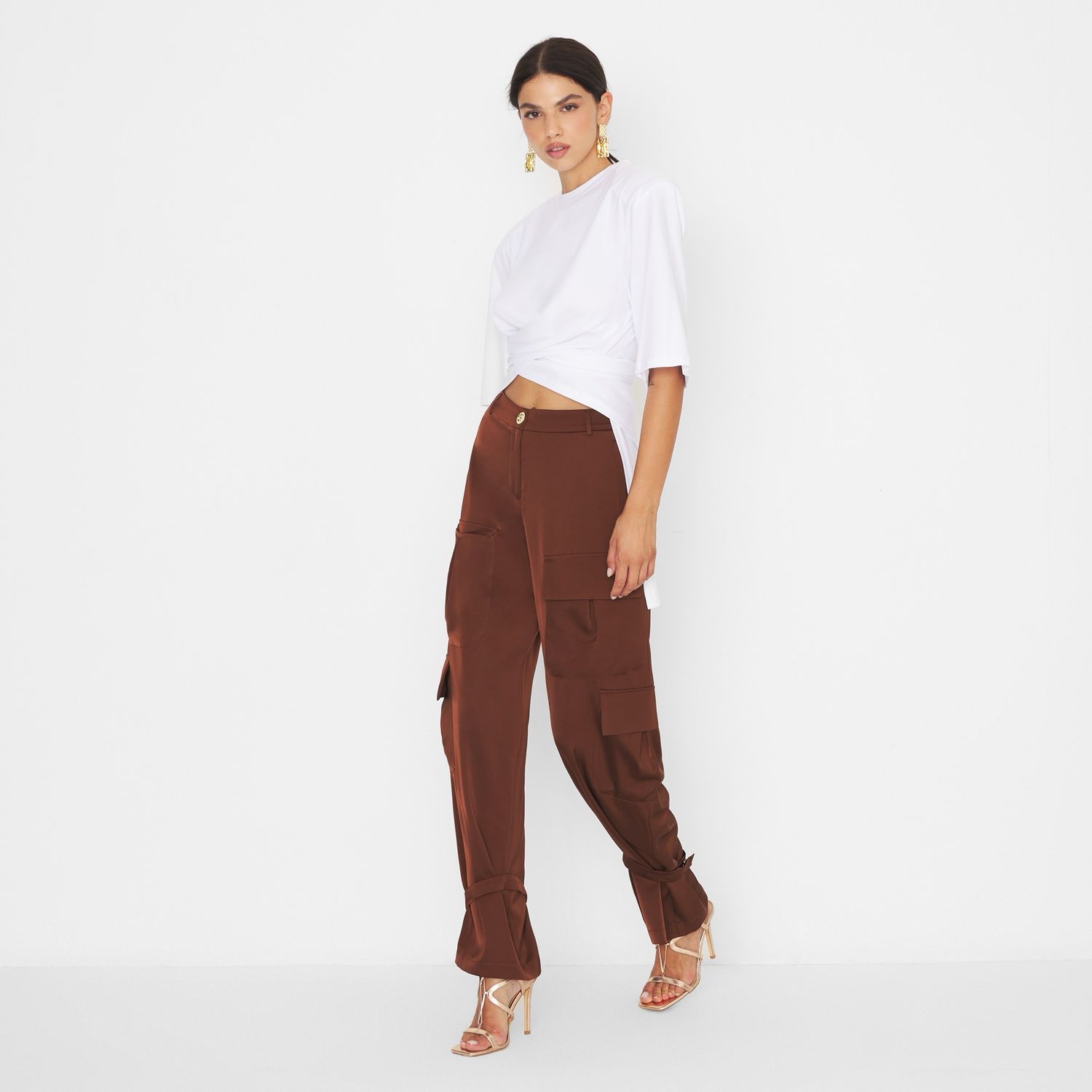 SILENCE LIMITED - pantalone in raso cargo marrone