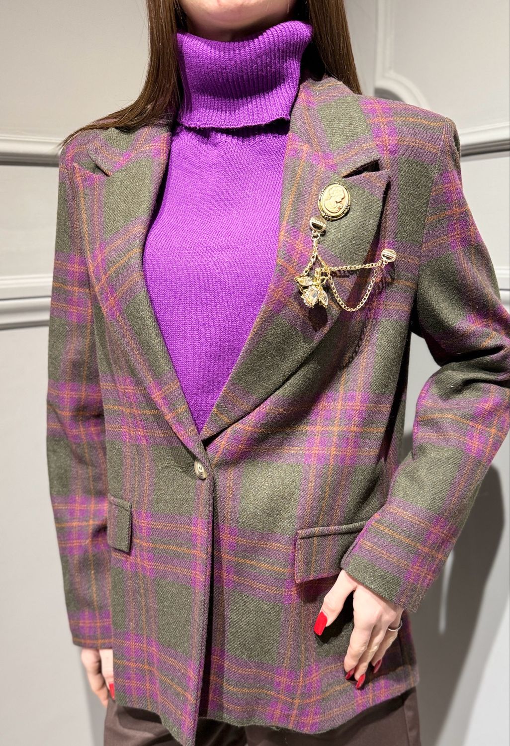 VICOLO - giacca un petto con spille a quadri TF2131 moro/viola