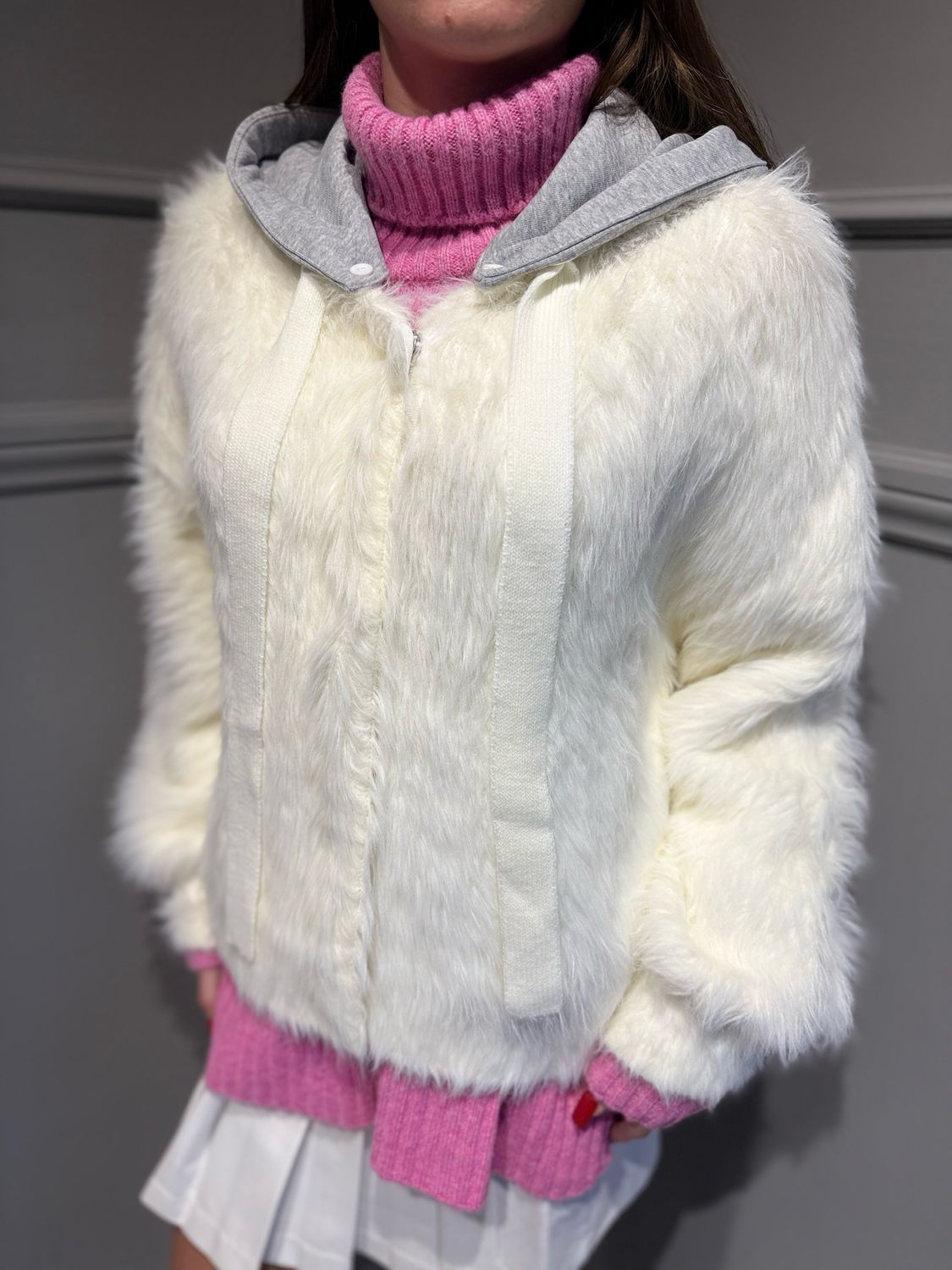 TWINSET ACTITUDE MYFO - giacca in maglia con cappuccio rimovibile 242am3581 bianco/grigio