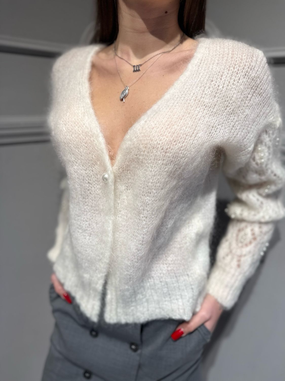 MOTEL - giacchino in mohair con perle e intarsi M6968-t171-a888l panna