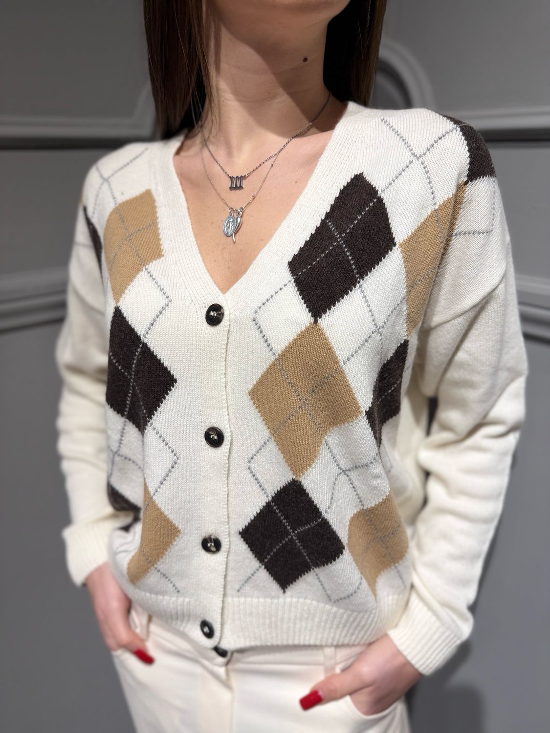 TENSIONE IN - cardigan a rombi D82038 panna/moro/beige TENSIONE IN - cardigan a rombi D82038 panna/moro/beige