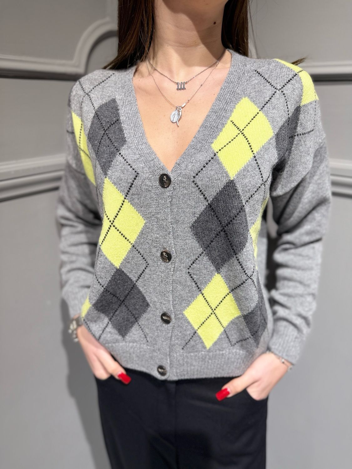 TENSIONE IN - cardigan con rombi D82038 grigio/lime/antracite