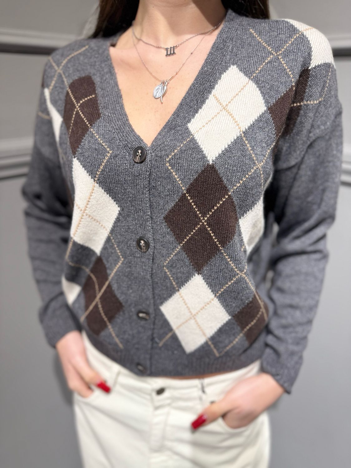 TENSIONE IN - cardigan a rombi D82038 antracite/moro/burro