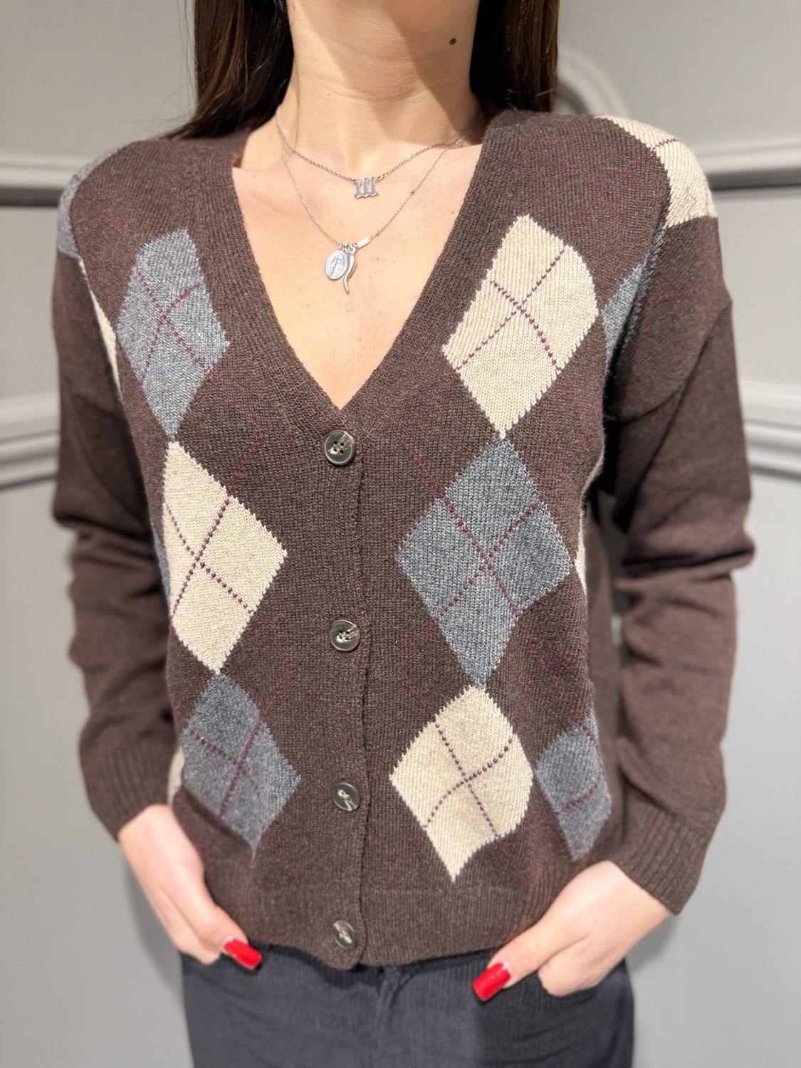 TENSIONE IN - cardigan a rombi D82038 Moro/antracite/casha TENSIONE IN - cardigan a rombi D82038 Moro/antracite/casha