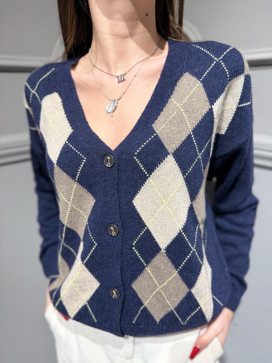 TENSIONE IN - cardigan a rombi D82038 blu/casha/castoro