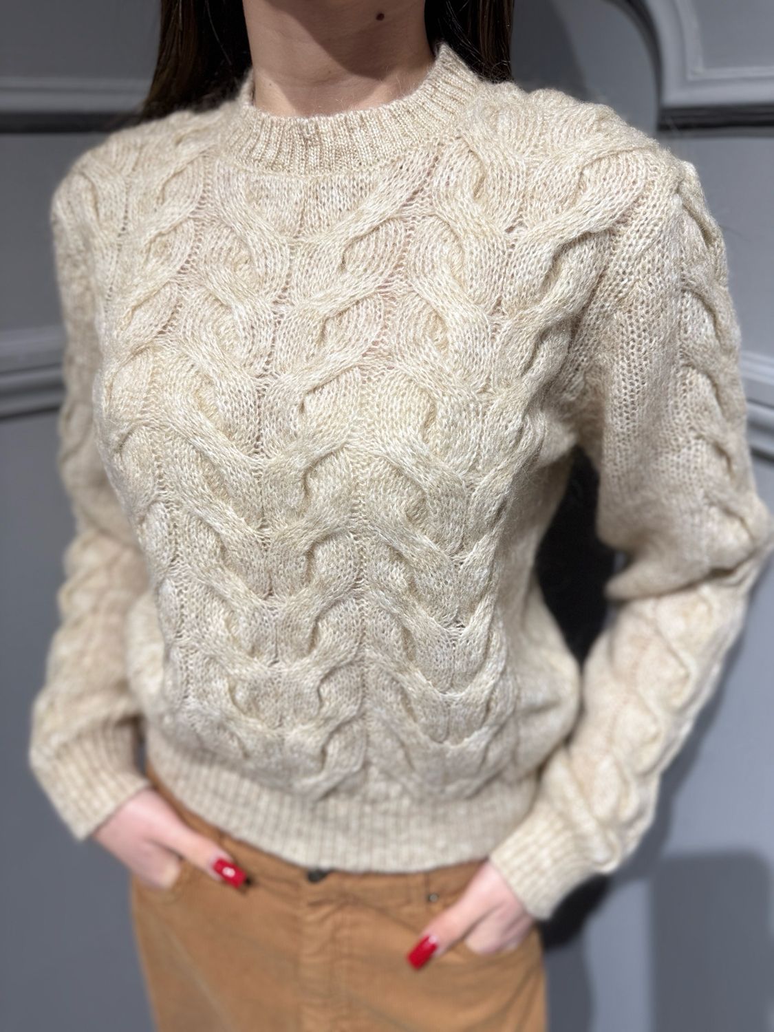 TENSIONE IN - maglia girocollo trecce W5HMJ64A401 casha TENSIONE IN - maglia girocollo trecce W5HMJ64A401 casha