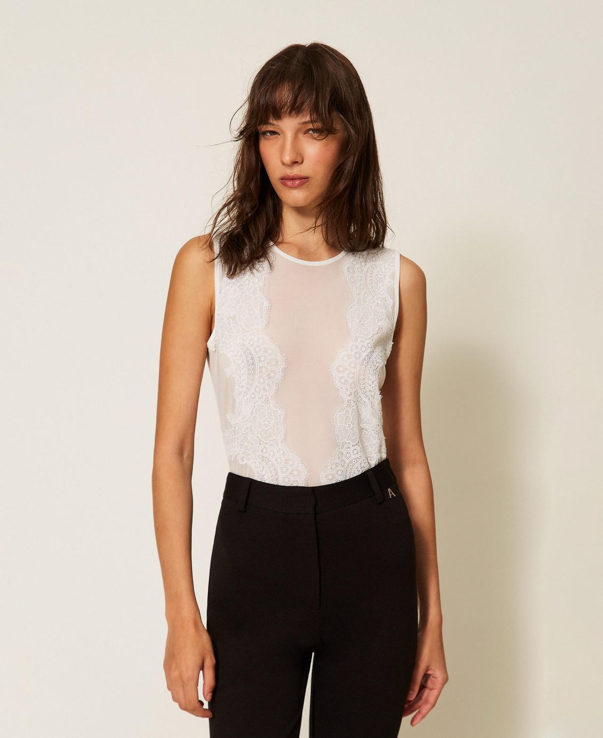 TWINSET ACTITUDE - Body in tulle con pizzo 261AP2293  panna