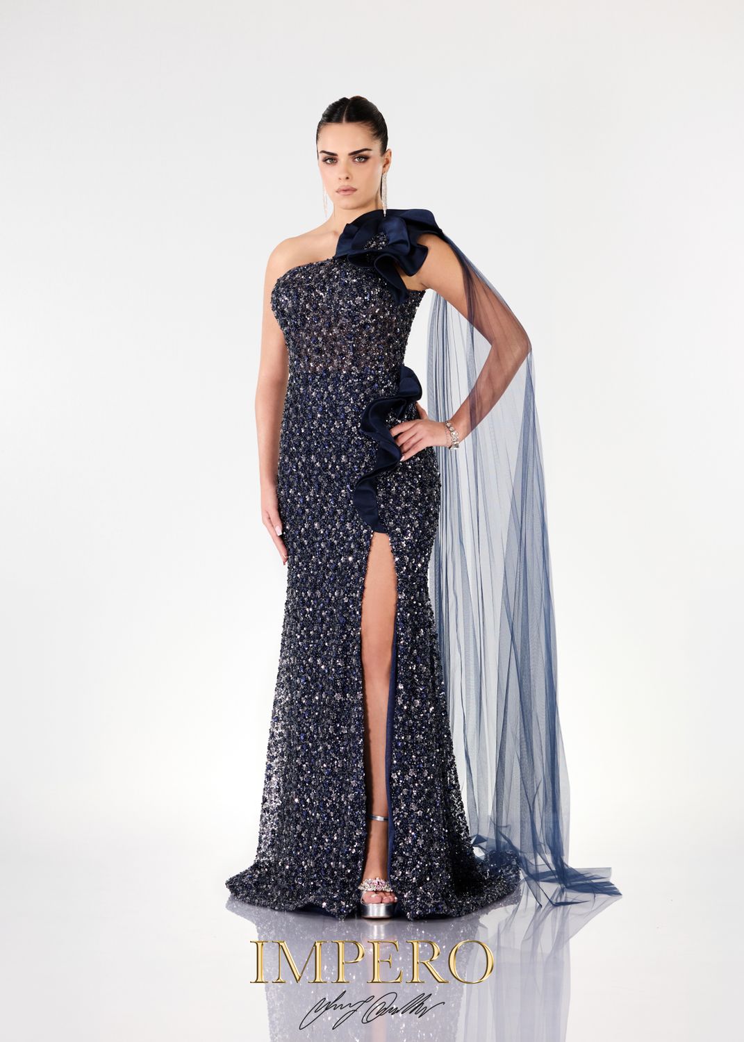 IMPERO COUTURE - Abito lungo con paillettes e raso blu