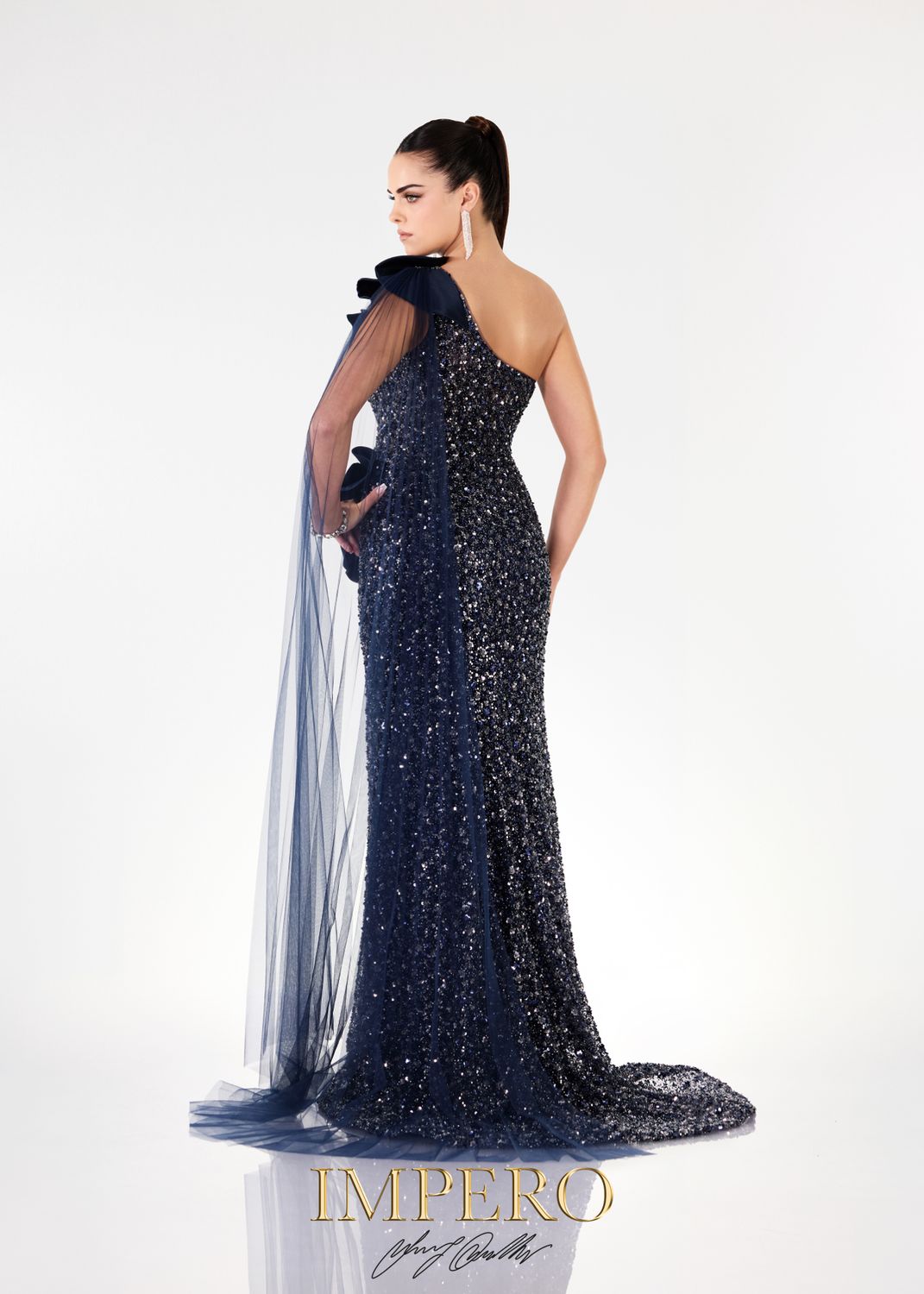 IMPERO COUTURE - Abito lungo con paillettes e raso blu