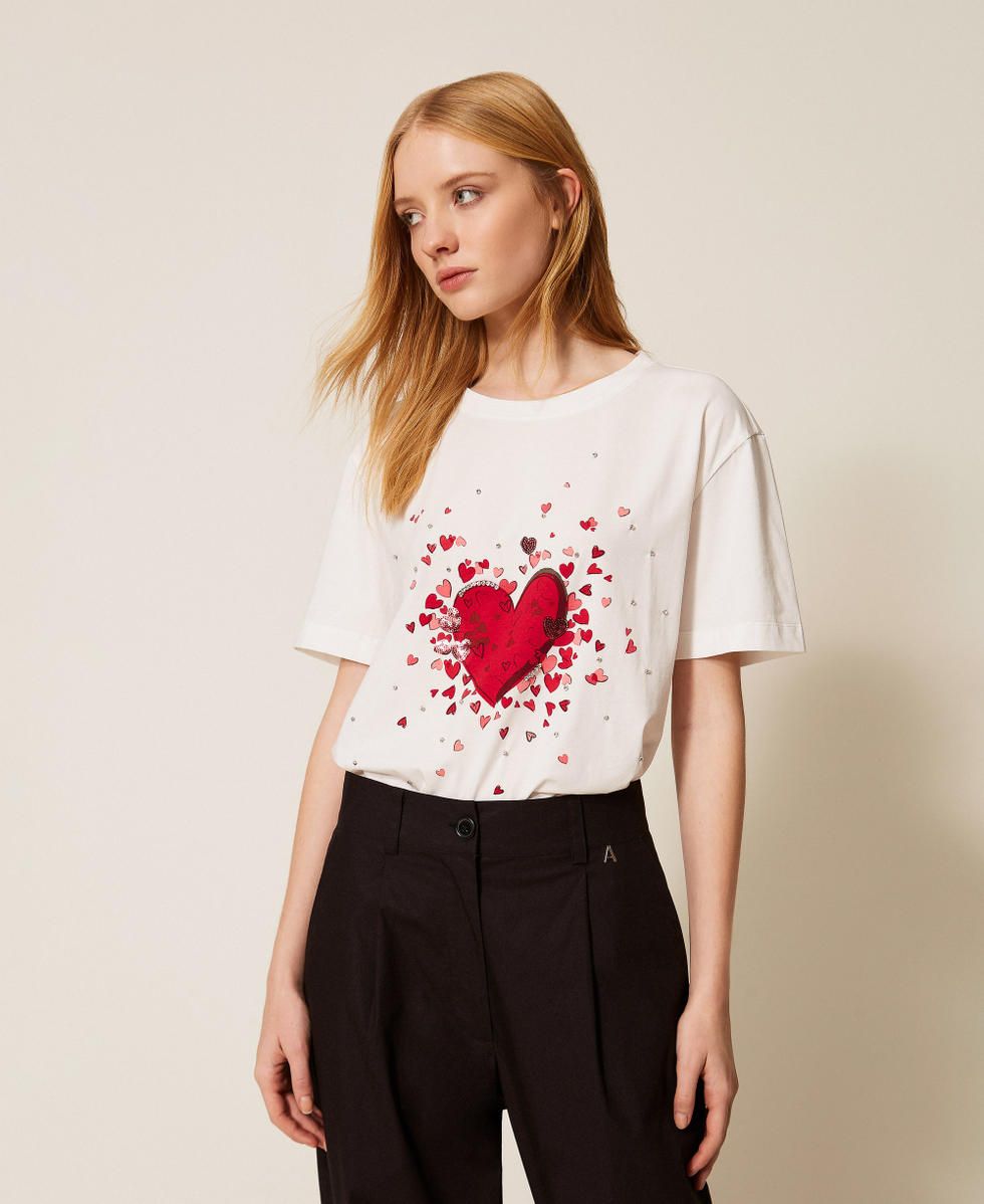 TWINSET ACTITUDE - T-shirt con stampa e strass: Off White Stampa Cuore