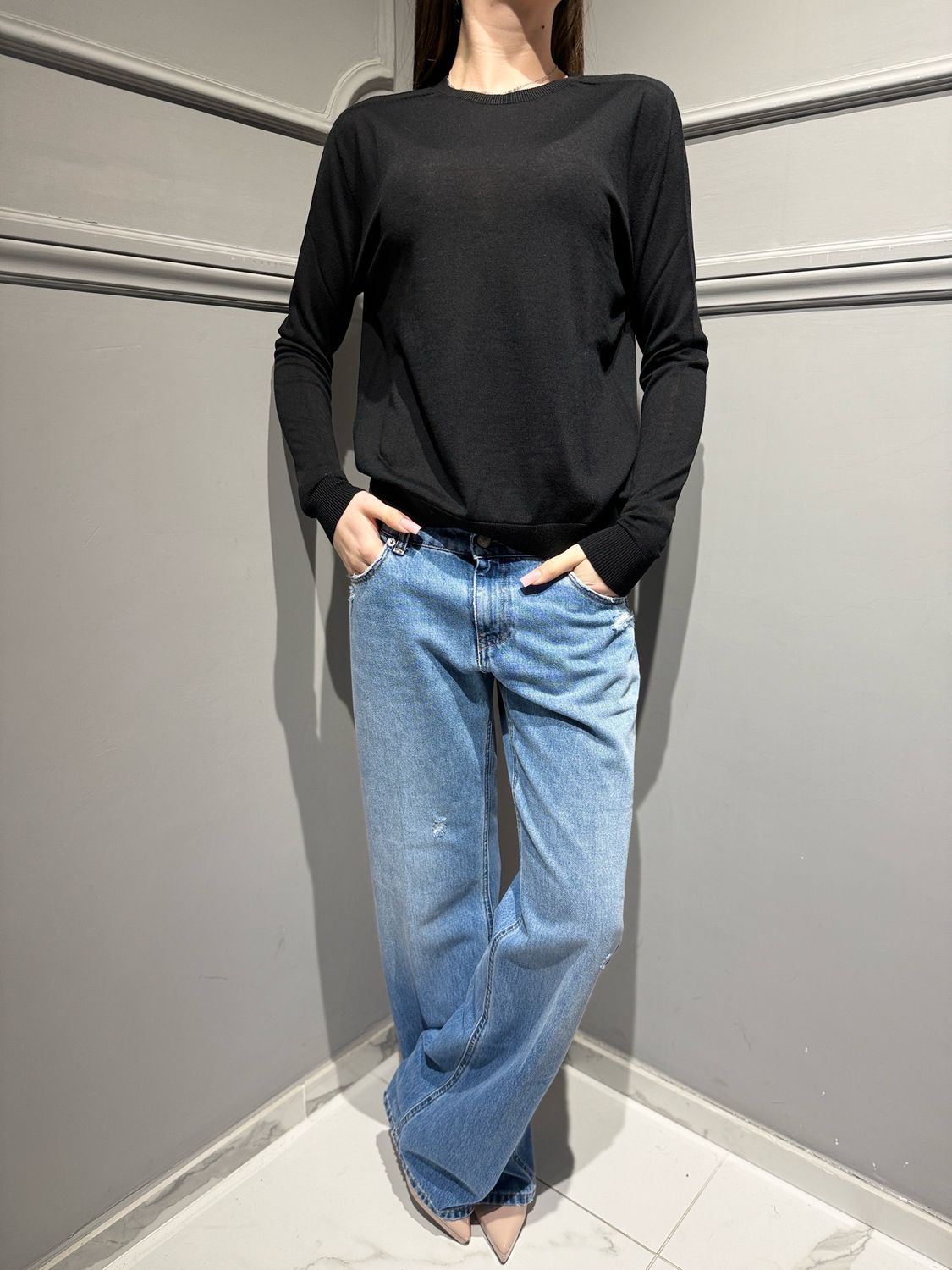 TENSIONE IN - maglia girocollo in pura lana merinos MLN04 Nero