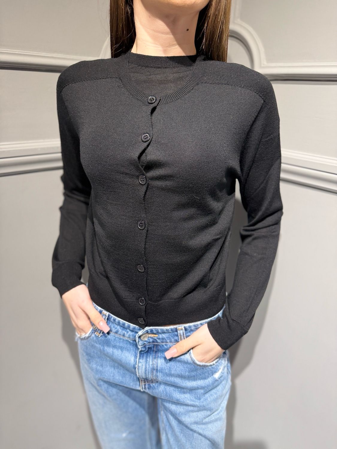 TENSIONE IN - cardigan Collo coreana pura lana merinos MLN26 nero