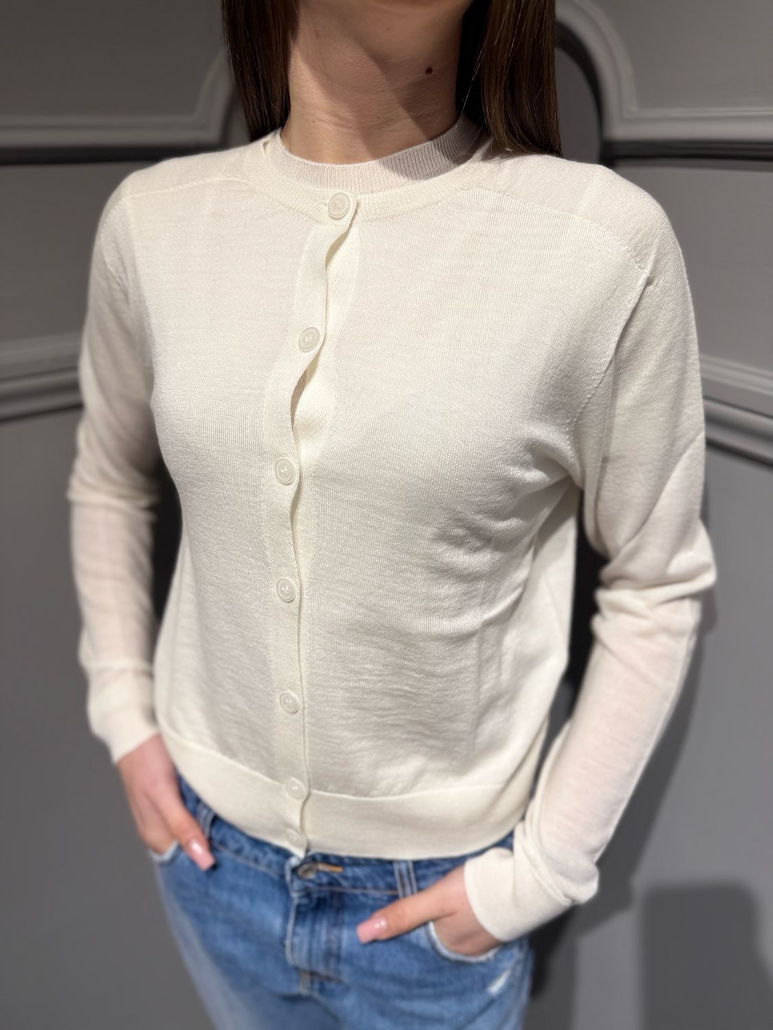 TENSIONE IN - Cardigan coreana in pura lana merinos MLN26 naturale