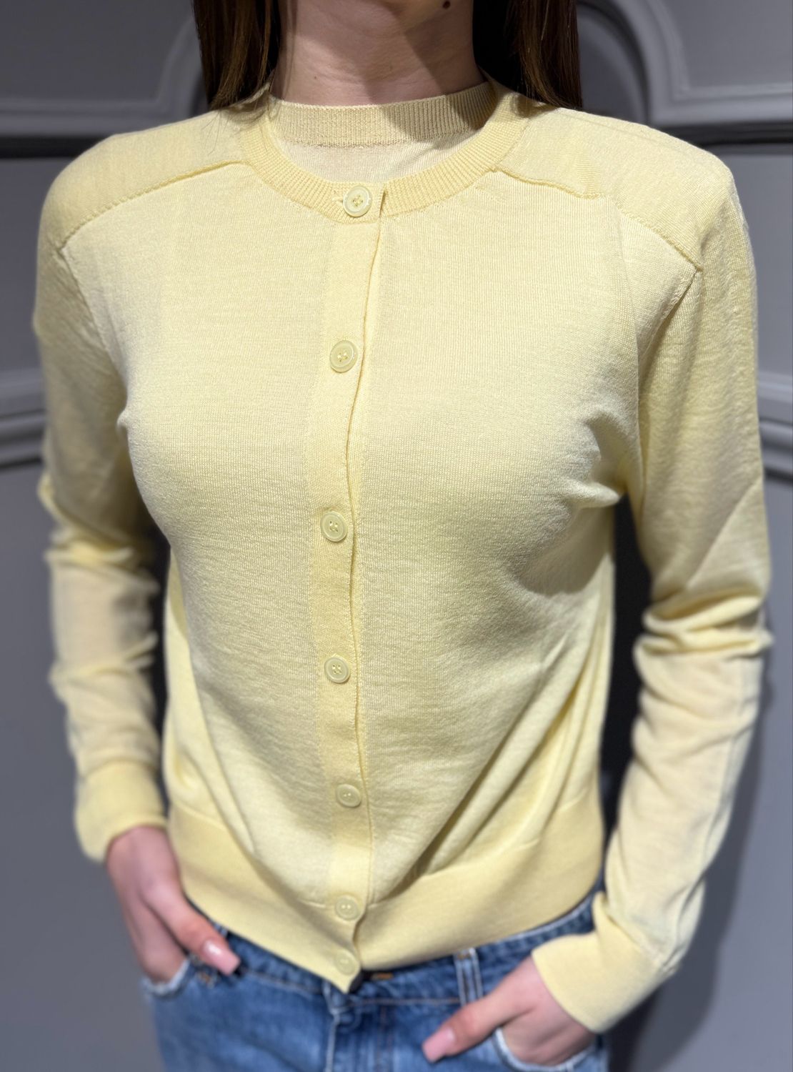 TENSIONE IN - cardigan Collo coreana in pura lana merinos MLN26 giallo