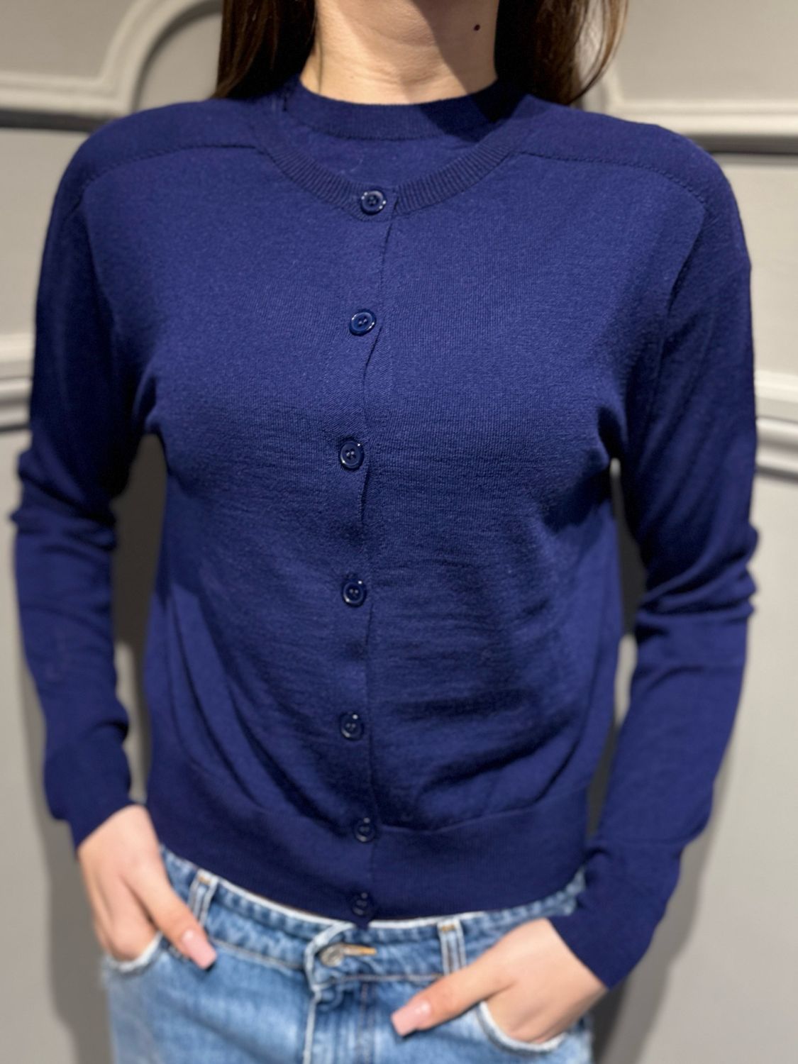 TENSIONE IN - cardigan Collo coreana in pura lana merinos MLN26 blu