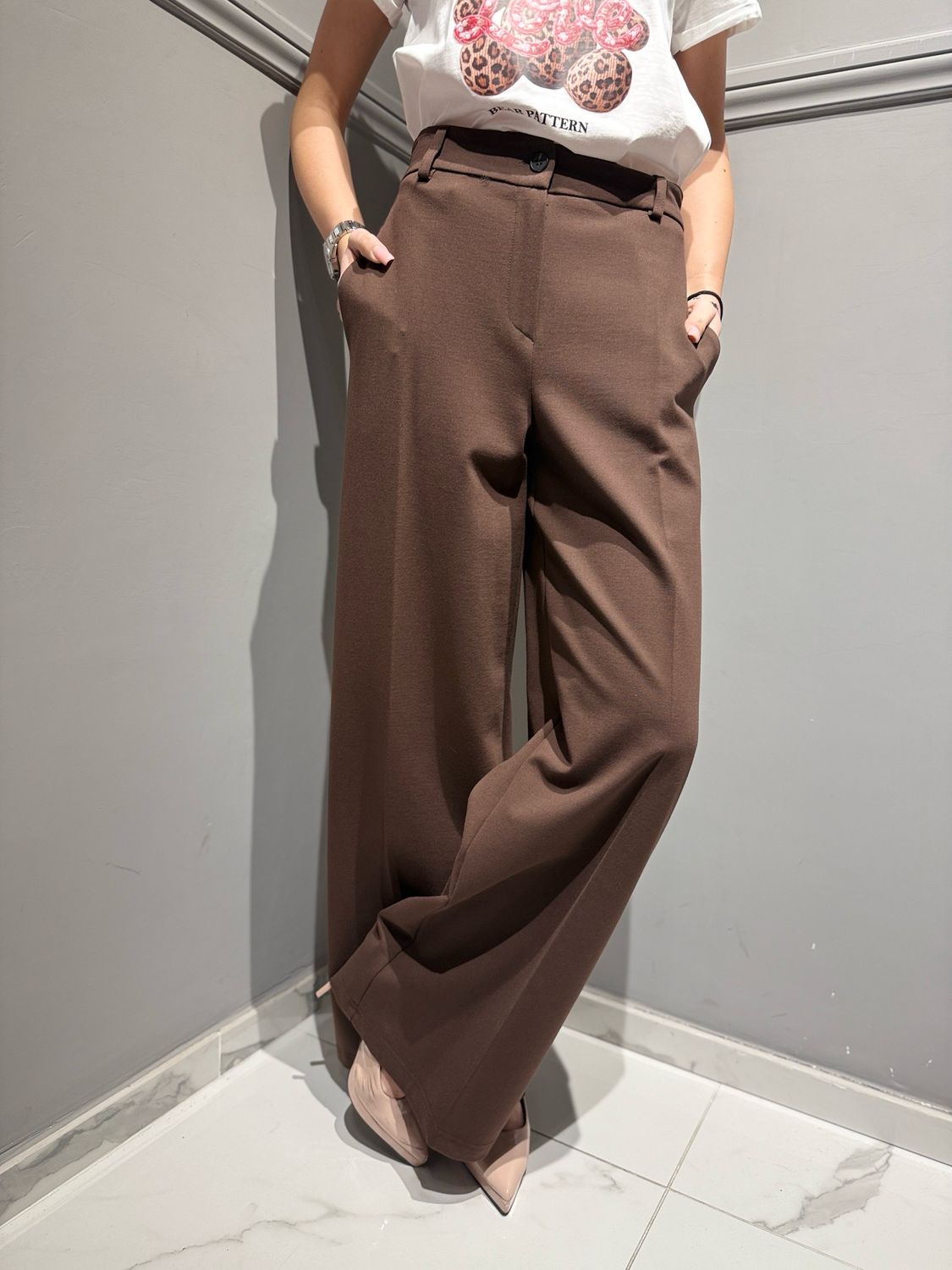 MOTEL - pantalone a palazzo in punto Milano elasticizzato con elastico dietro 26P3454 cioccolato