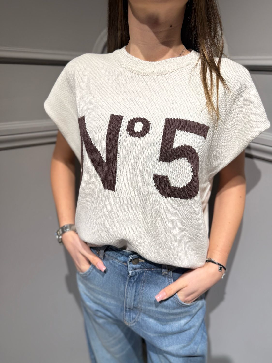 TENSIONE IN - maglia in filo senza maniche P6HMT01A414 burro/moro