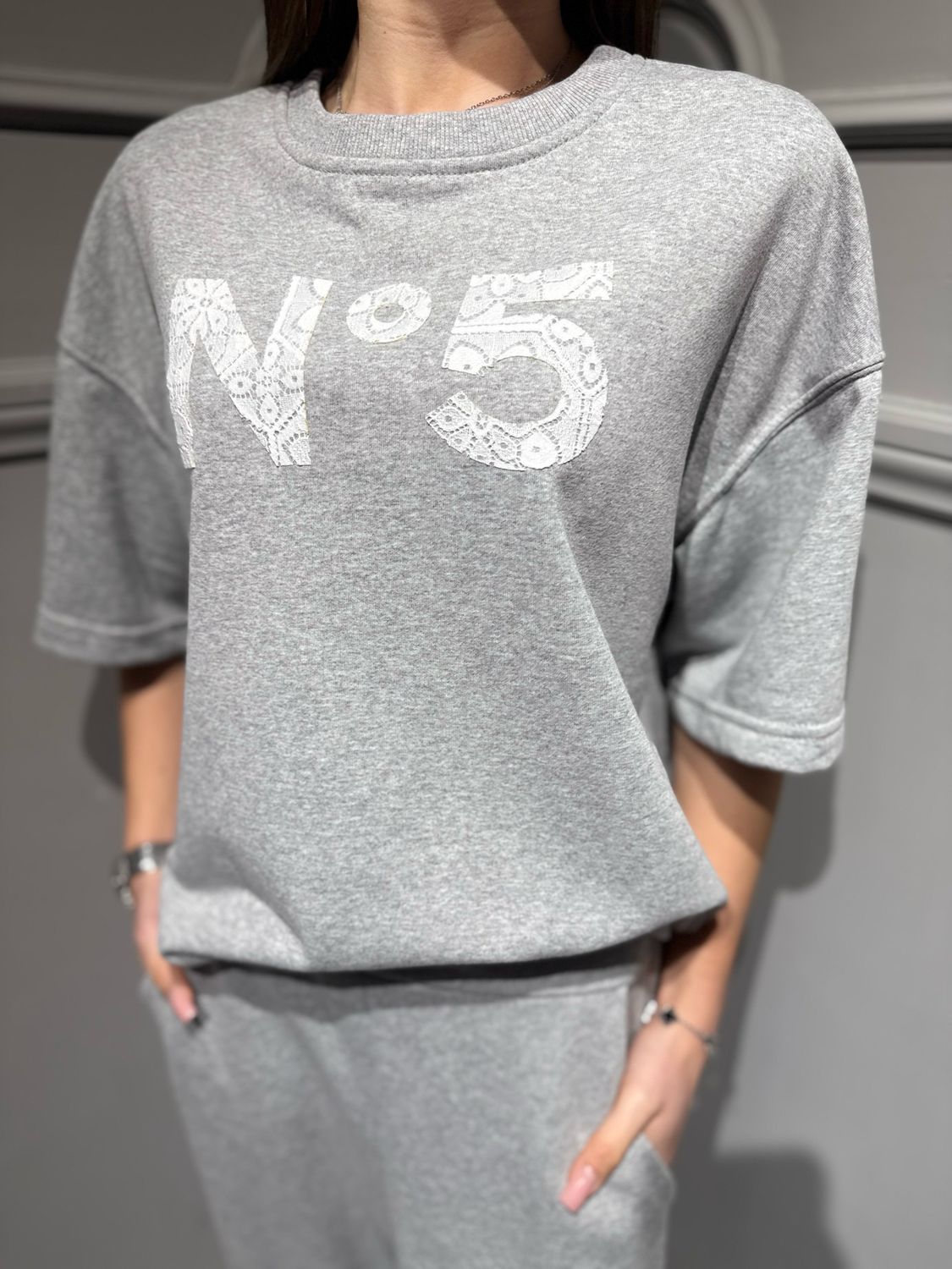 TENSIONE IN - felpa garzata maniche 3/4 numero 5 26M3716 grigio/bianco