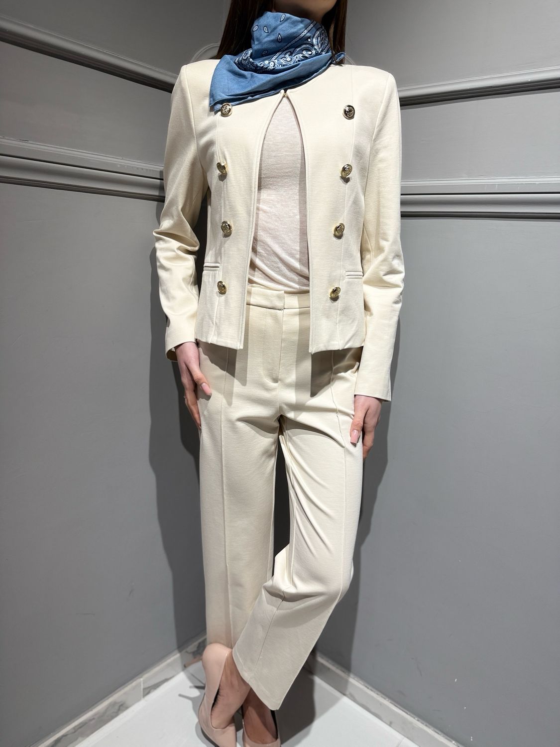 TENSIONE IN - pantalone con nervatura a sigaretta in punto Milano panna 26P3700