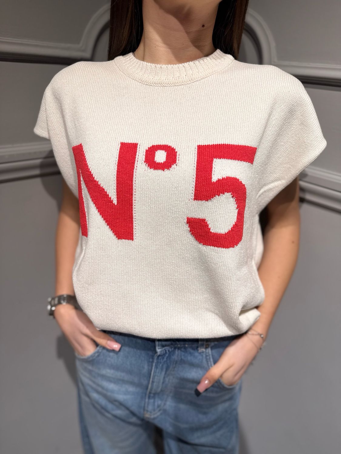 TENSIONE IN - maglia senza maniche in filo numero 5 P6HMT01A414 panna/rosso