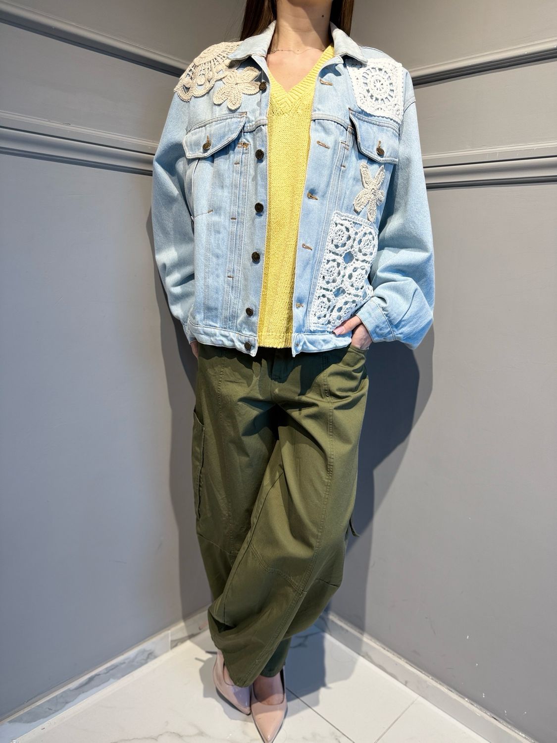 TENSIONE IN - giacca in jeans con patch VTA0165PE26CAMP denim chiaro