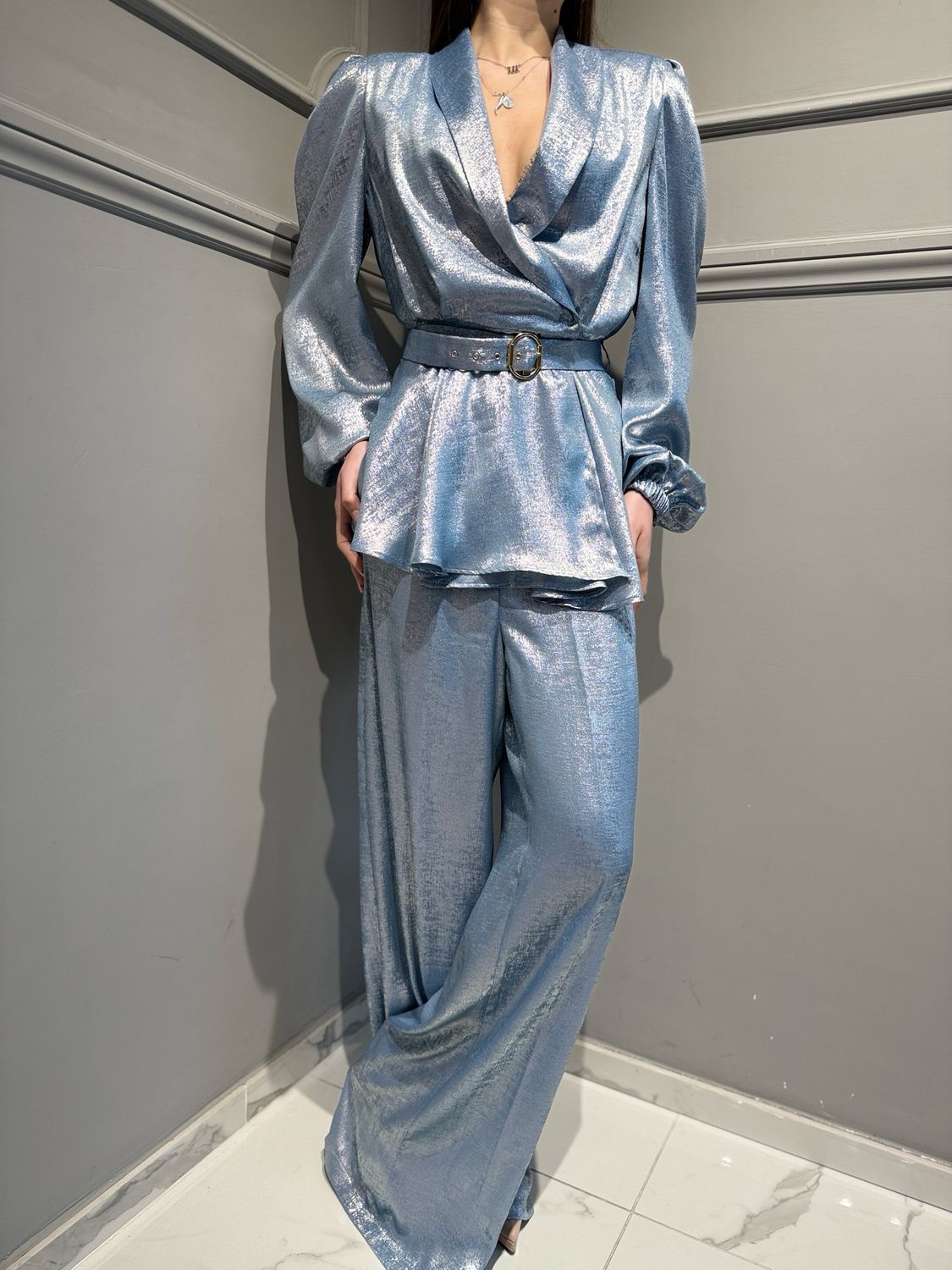 SILENCE LIMITED - tailleur giacca kimono Valut GI5358 + pantalone a palazzo Valut pants PA2252 Sky