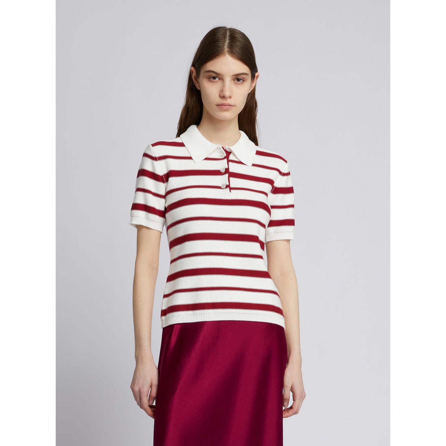 MM MAX MARA - Polo in maglia rasata di cotone a righe Colletto a camicia, chiuso con 3 bottoni in madreperla magenta