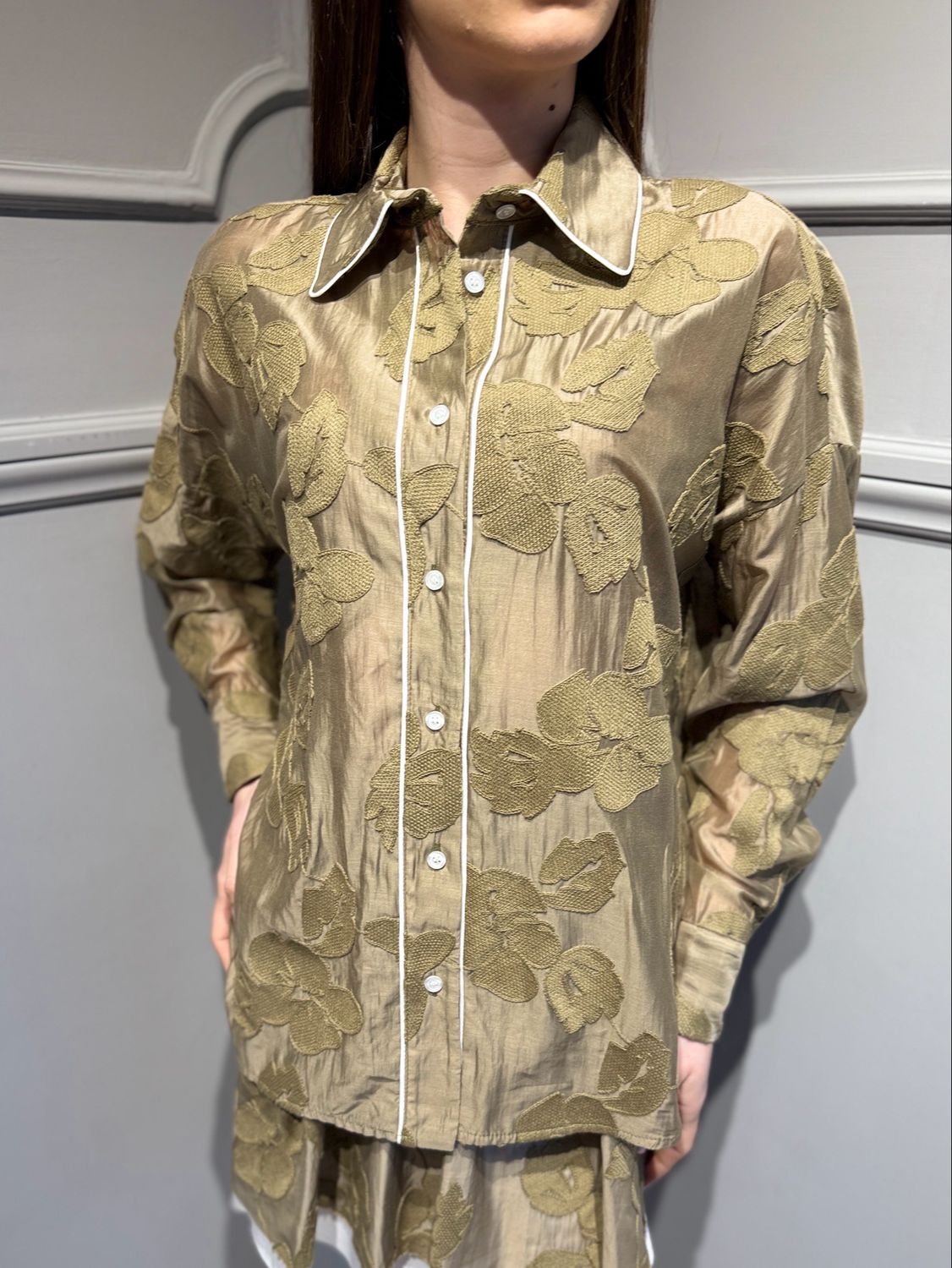 HAVE ONE - camicia in tessuto damascato ricamato CNO-Q024 verde militare