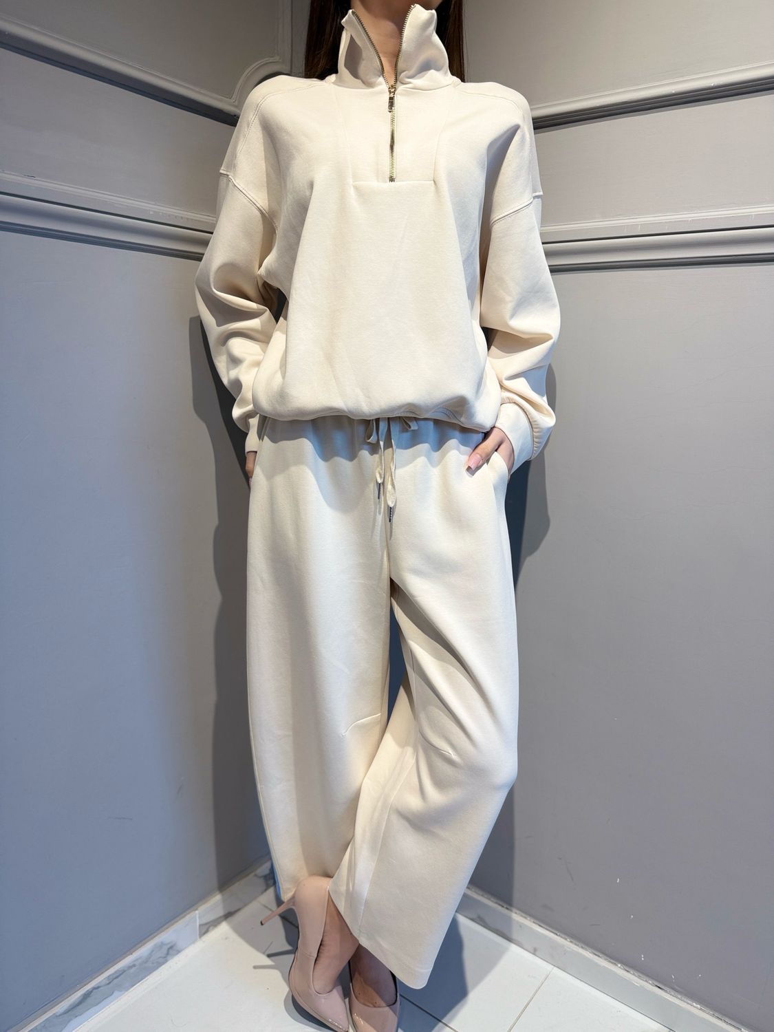 TENSIONE IN - felpa polo in scuba con zip 26M4037 avorio