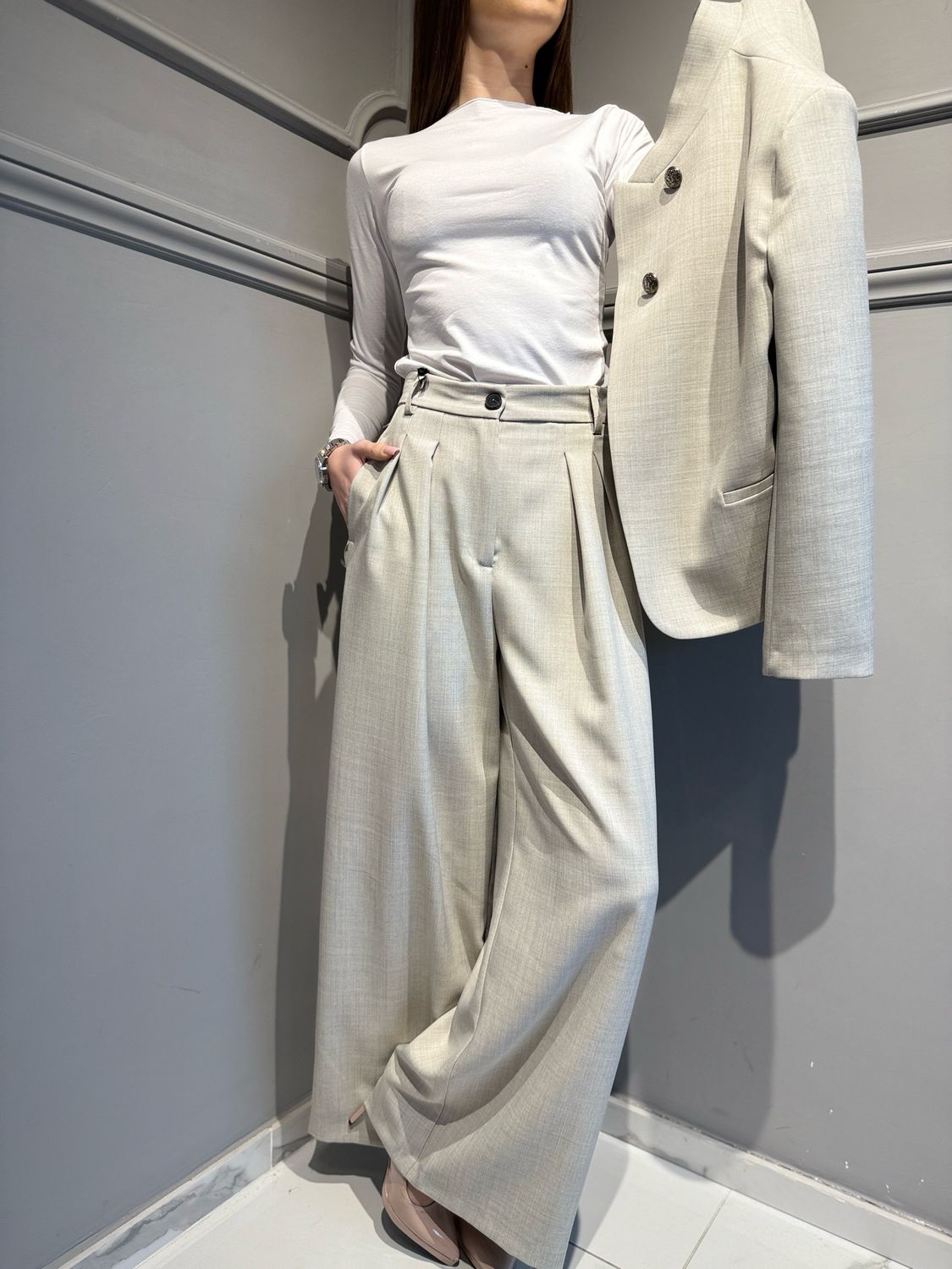 VICOLO - pantalone a palazzo con profili taglio vivo TAB1036 sasso