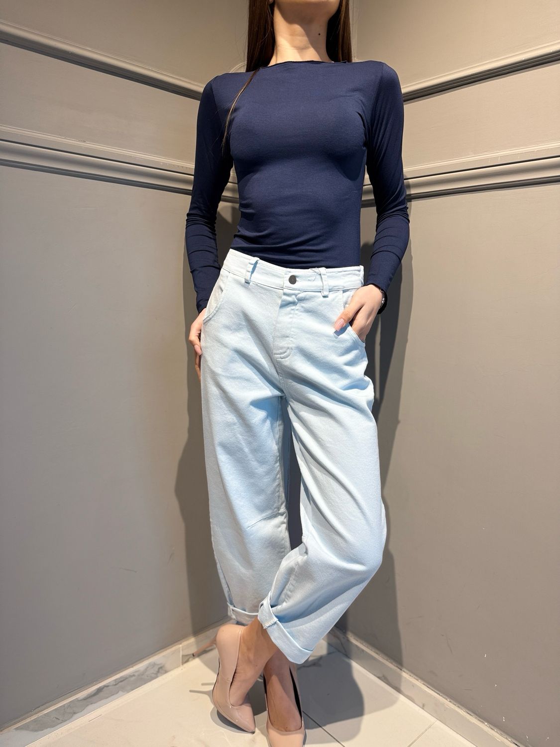 MOTEL - pantalone a ovetto in cotone elasticizzato PA5184/PE26 celeste