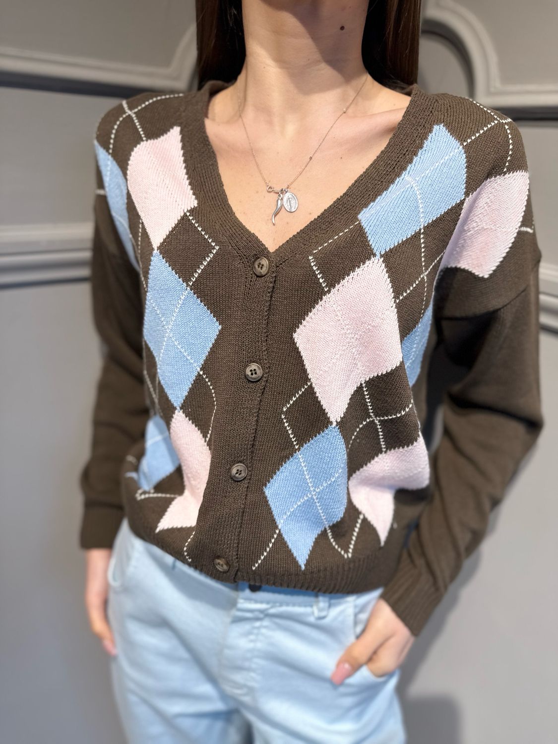 TENSIONE IN - cardigan in filo a rombi D90106 Moro/celeste/rosa