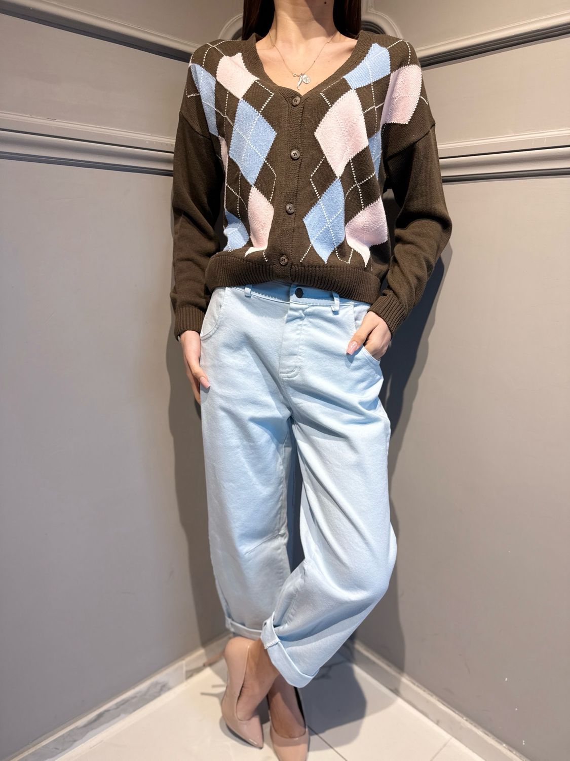 TENSIONE IN - cardigan in filo a rombi D90106 Moro/celeste/rosa