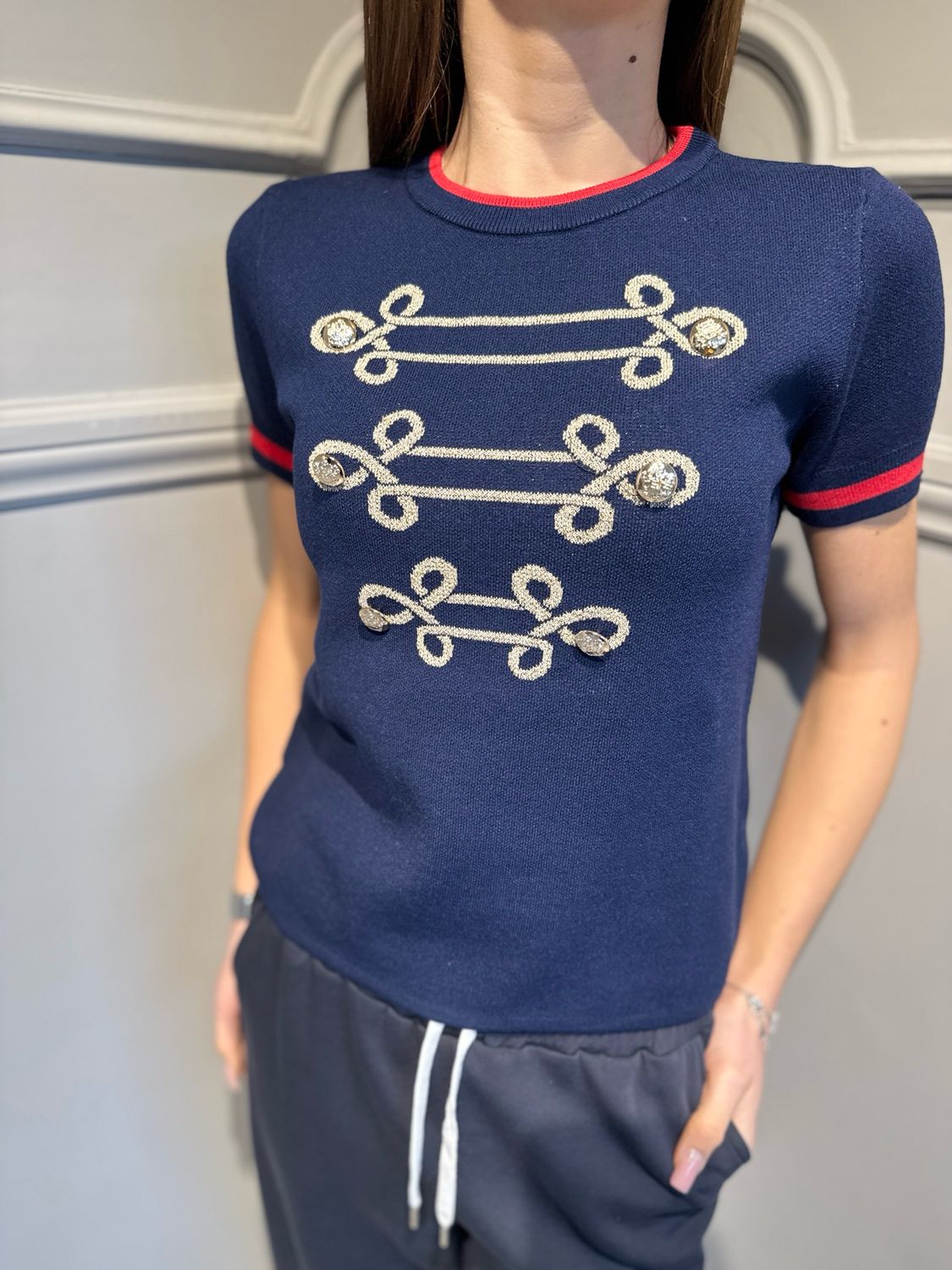 MOTEL - maglia a maniche  corte in filo elasticizzata P6HMJ11A418 navy