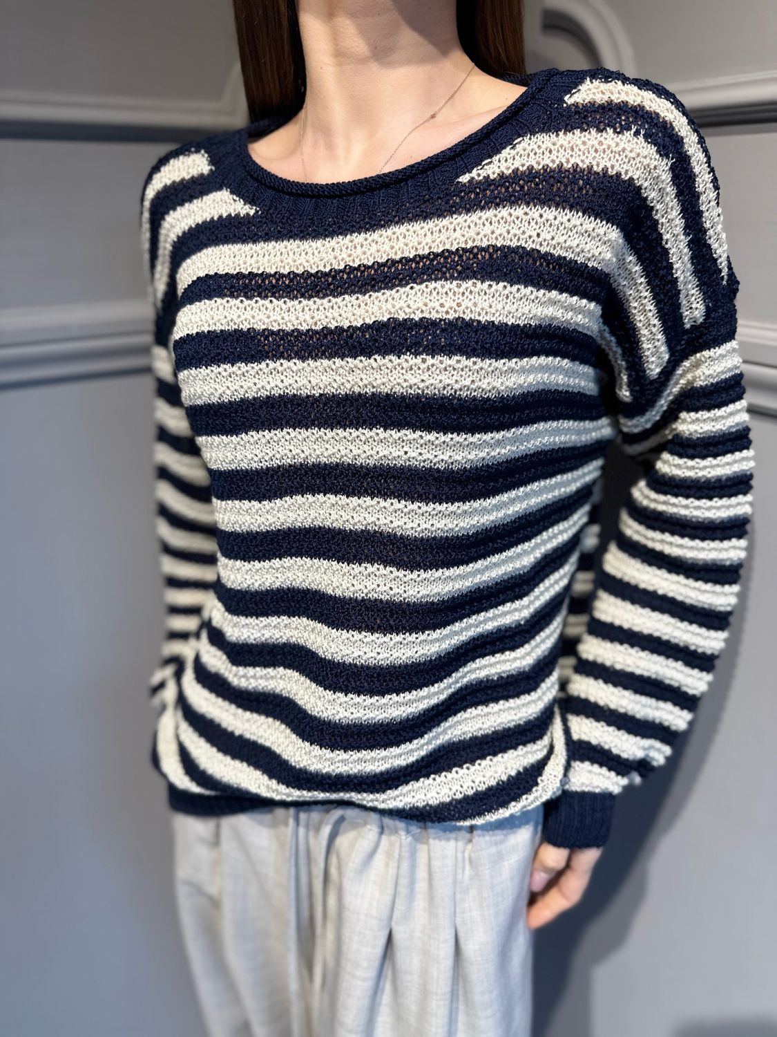 TENSIONE IN - maglia in filo a righe 26142 blu/burro