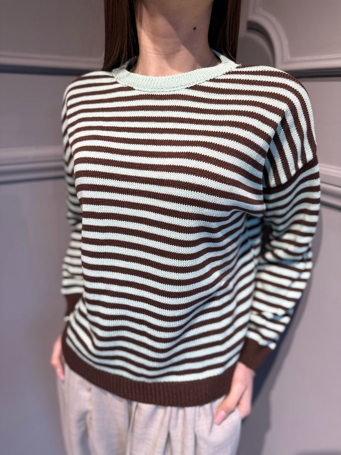 MOTEL - maglia a righe in filo a scatoletta 26176P moro/menta