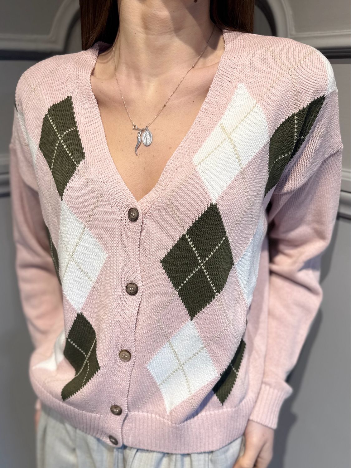 TENSIONE IN - cardigan a rombi in filo D90106 verde/rosa