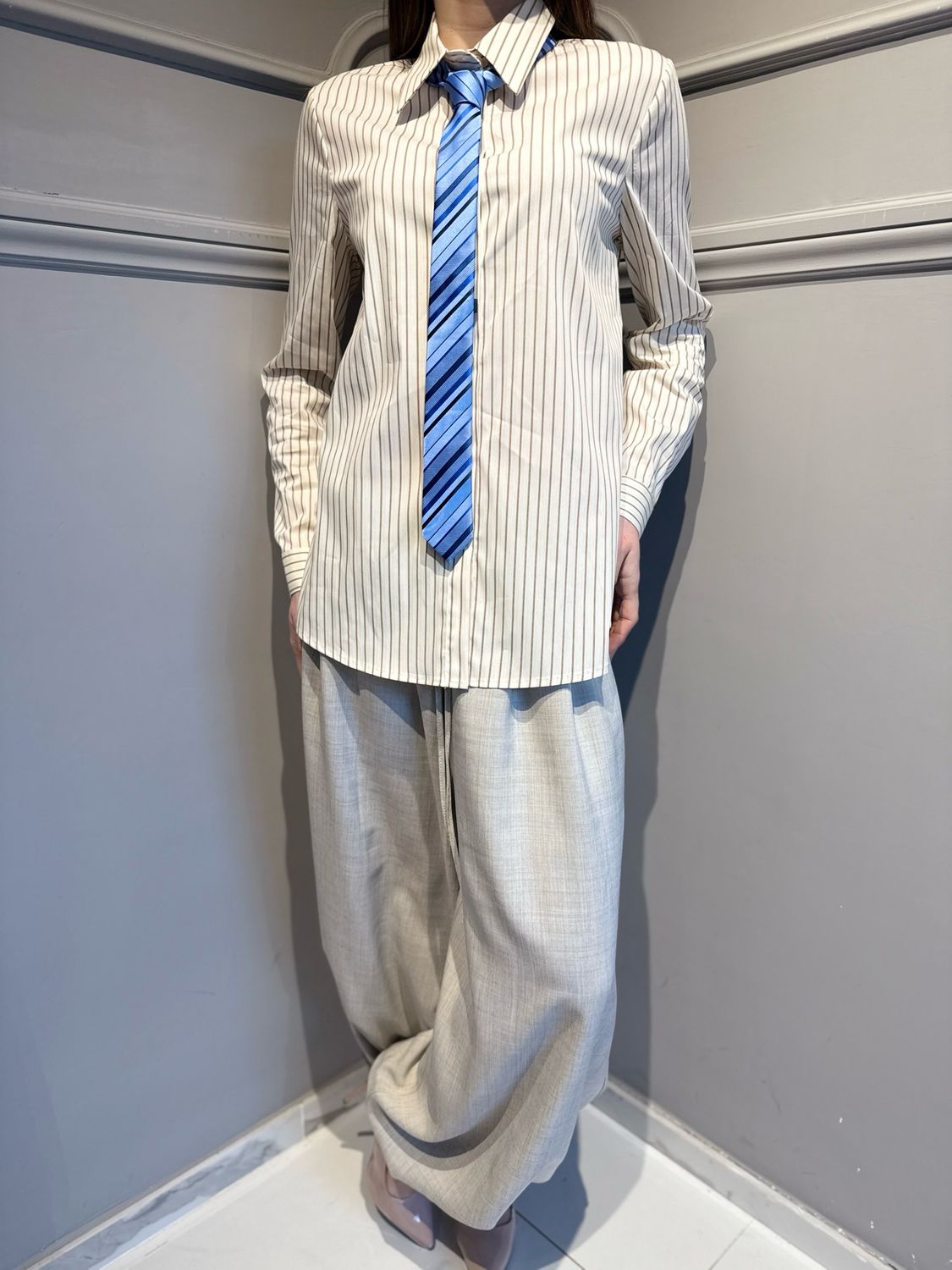 VICOLO - camicia a righe con cravatta TAB1161 vaniglia/tabacco