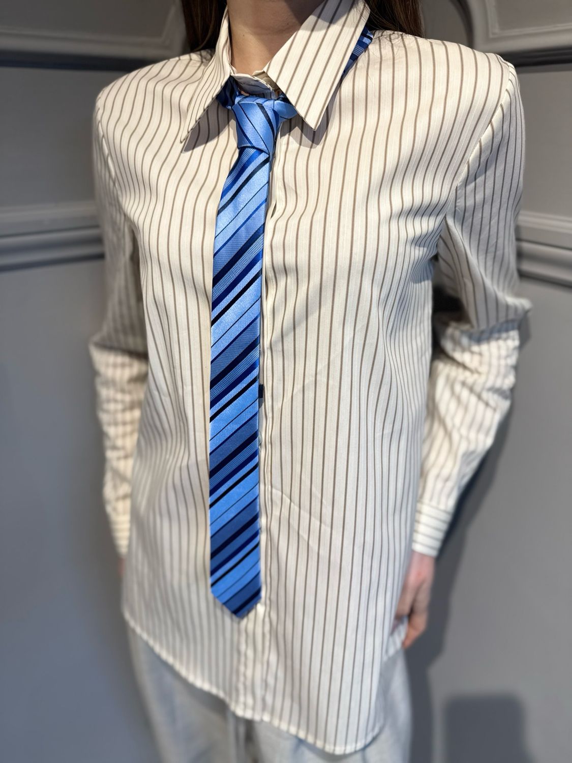 VICOLO - camicia a righe con cravatta TAB1161 vaniglia/tabacco