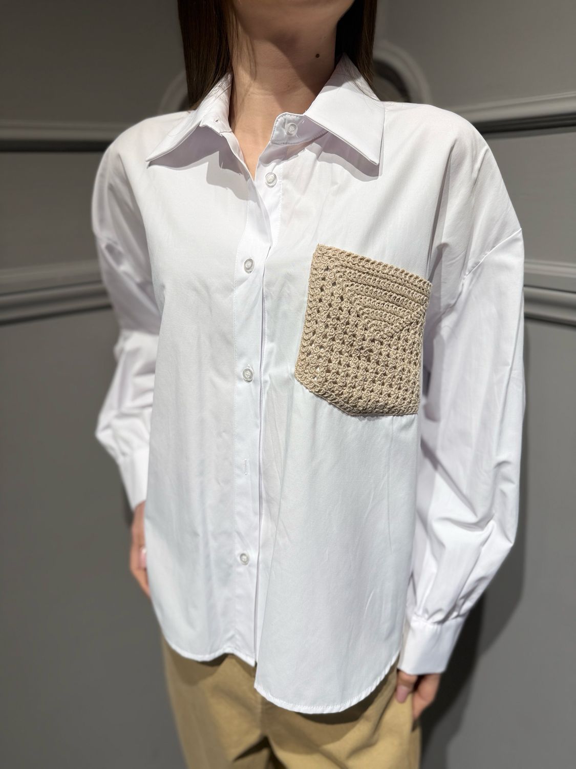 HAVE ONE - camicia over con tasca uncinetto CVS-Q073 bianco/sabbia