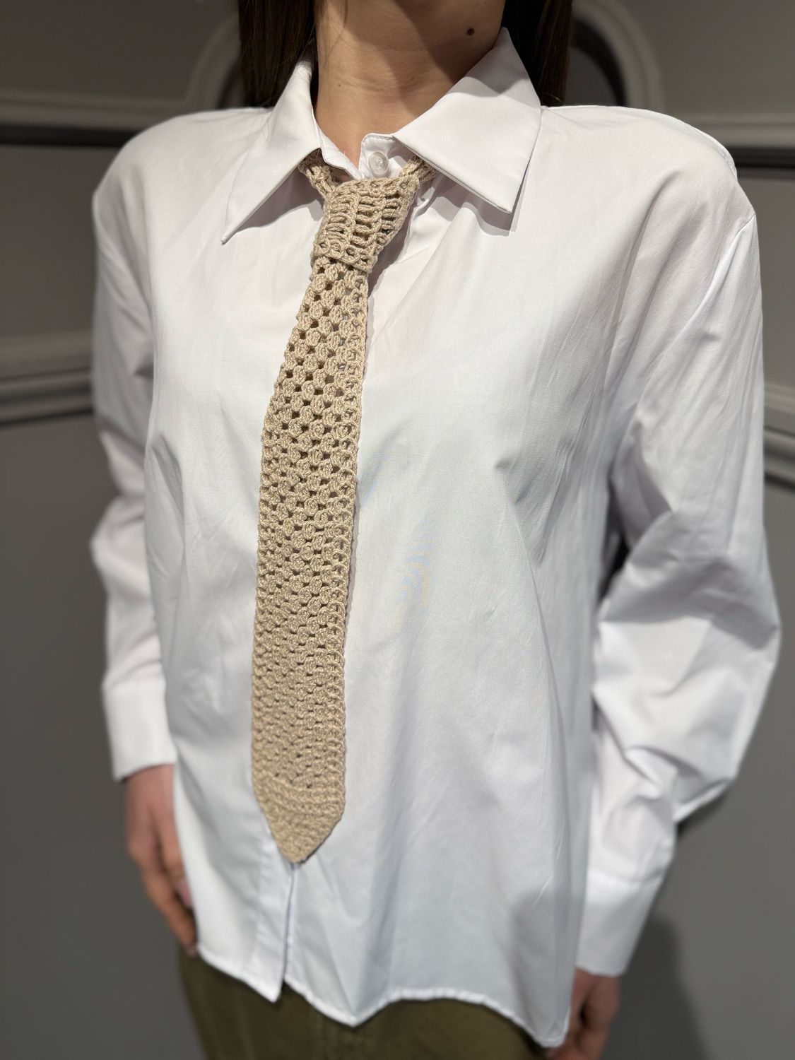 HAVE ONE - camicia over con cravatta uncinetto CVS-Q074 bianco/sabbia