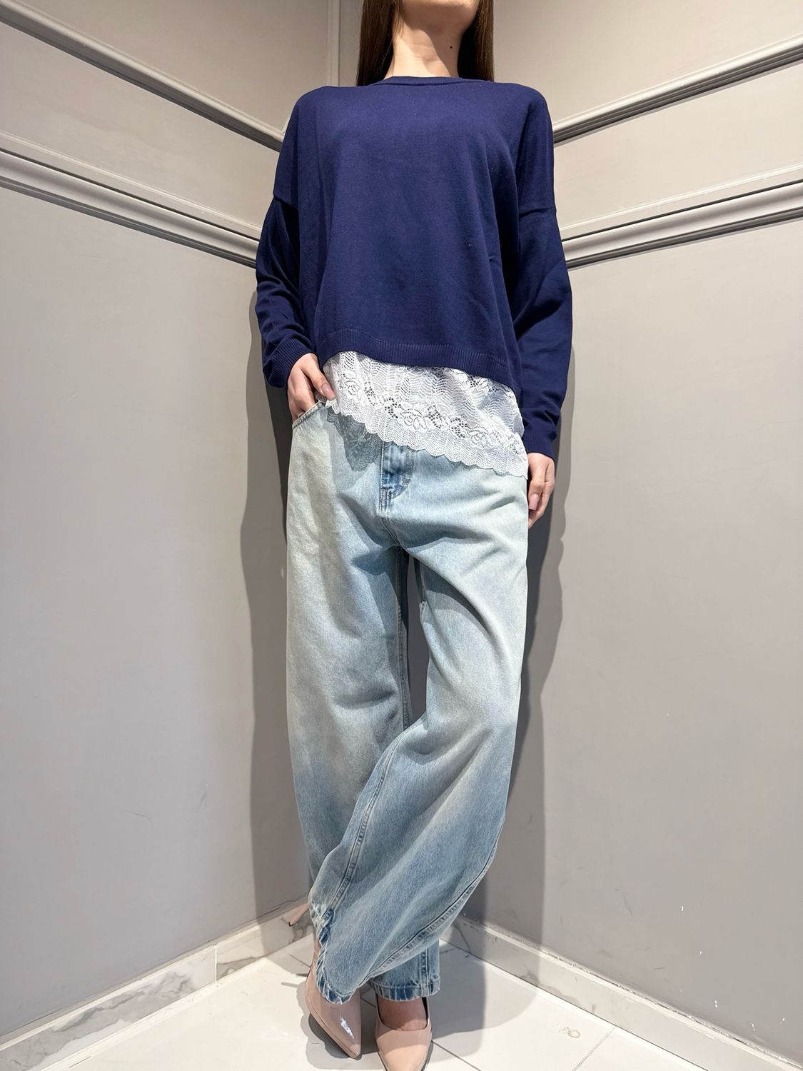 MOTEL - maglia in filo con pizzo 26P303 blu