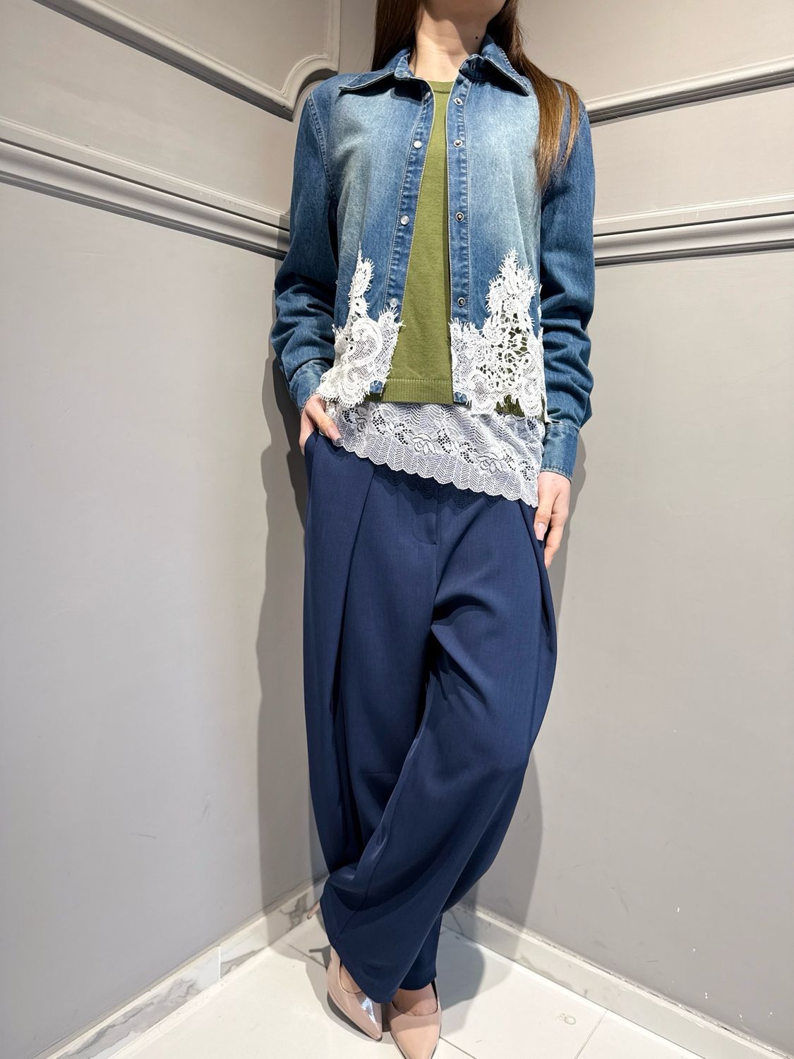 TENSIONE IN - camicia in jeans con pizzo LK641 blu