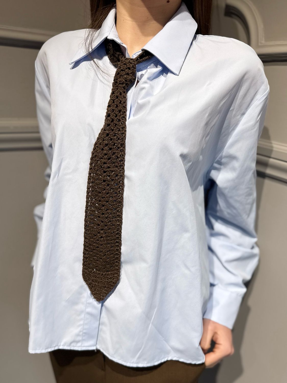 HAVE ONE - camicia in popeline di cotone con cravatta uncinetto CVS/Q074 celeste/moro