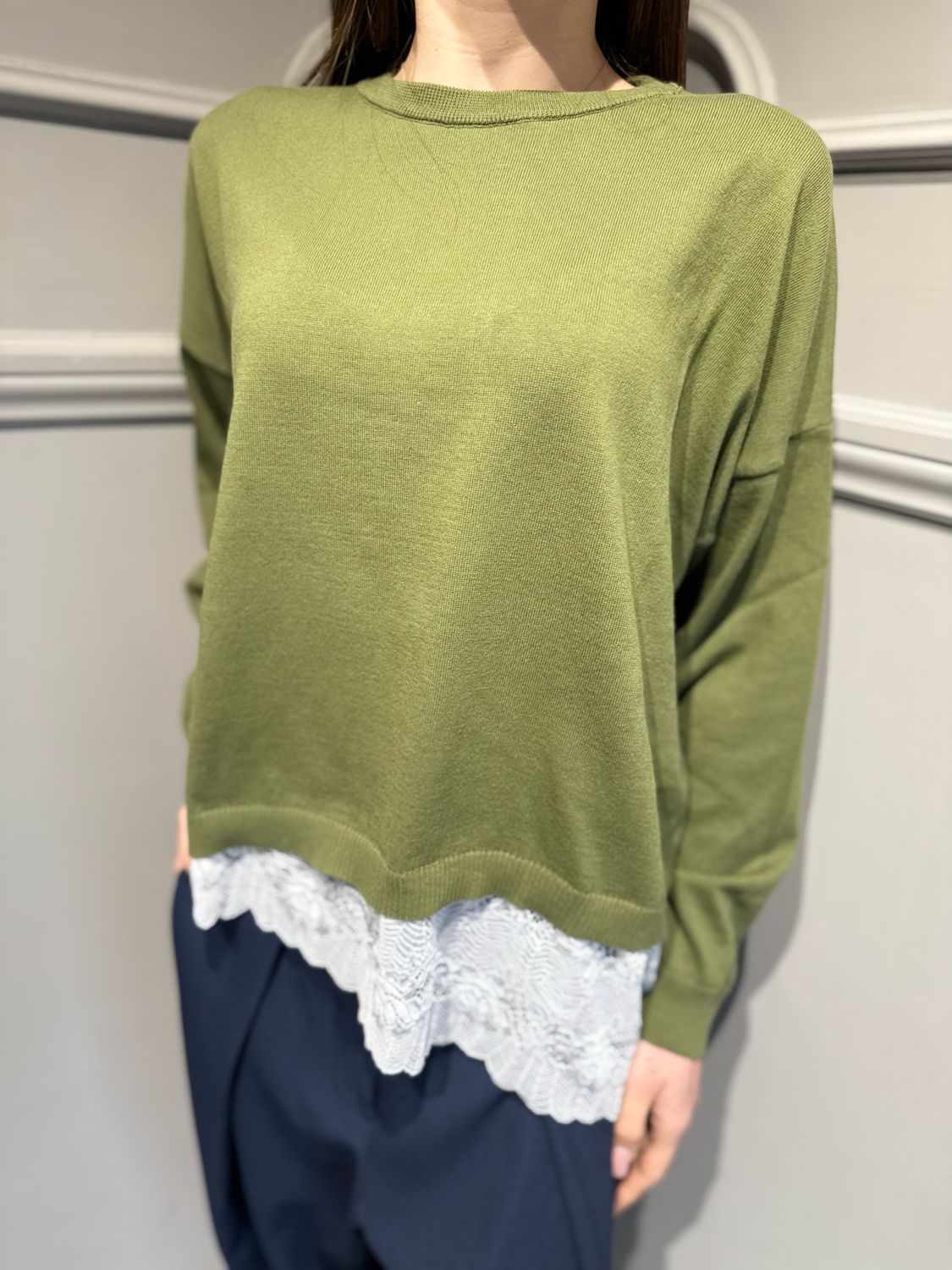 MOTEL - maglia in filo con pizzo 26P303 verde militare