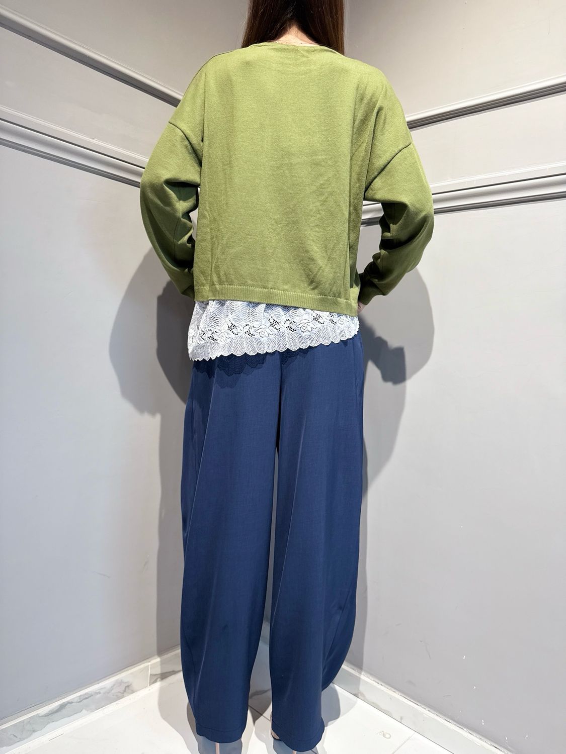 MOTEL - maglia in filo con pizzo 26P303 verde militare