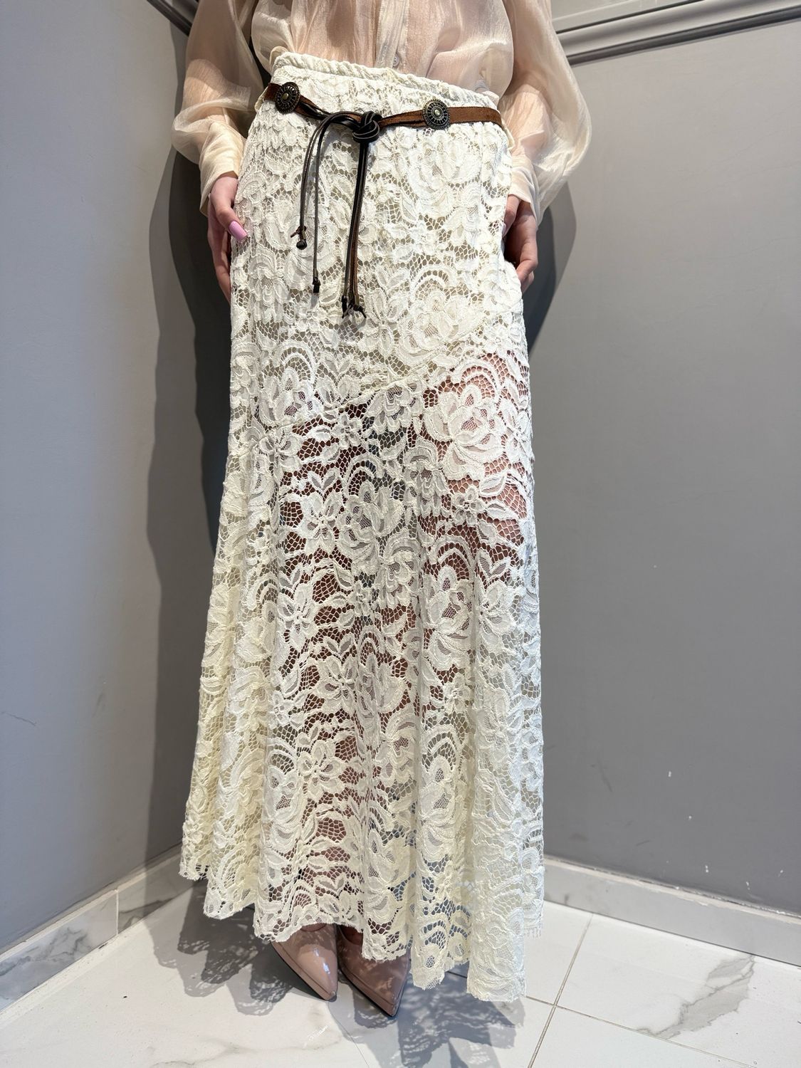 TENSIONE IN - gonna in pizzo con elastico in vita S26G750 burro